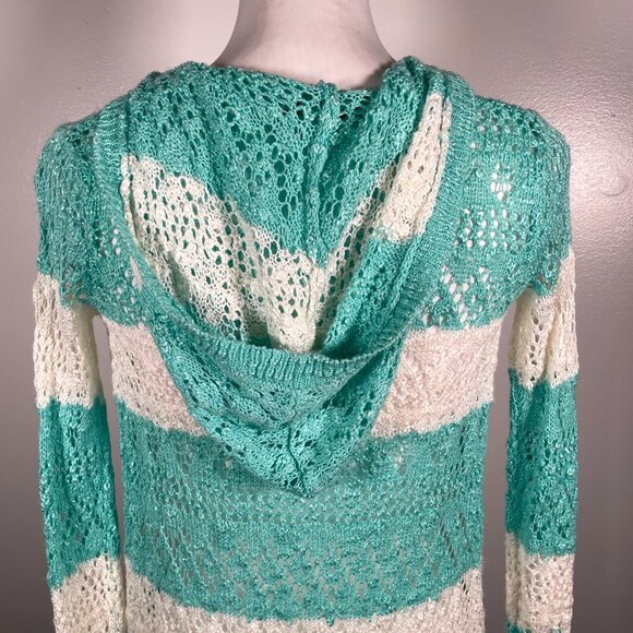 Heart N Crush Mint Green Ivory Hooded Open Weave 3/4 Sleeve Cardigan Sweater S - Picture 9 of 14
